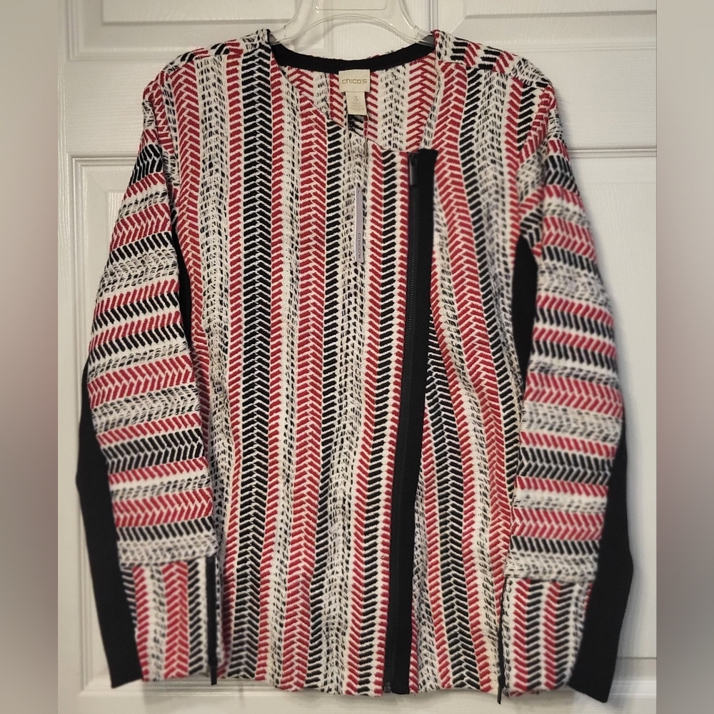 Chico's Textured Asymetrical Full Zip Sofia Moto Sweater Cardigan Chico's Size 3